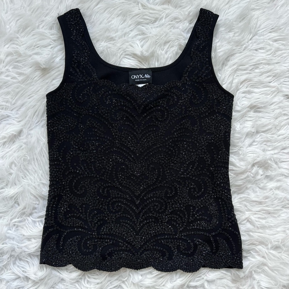 90s Vintage Beaded Black Stretchy Sleeveless Top Size Small 🖤 NWOT